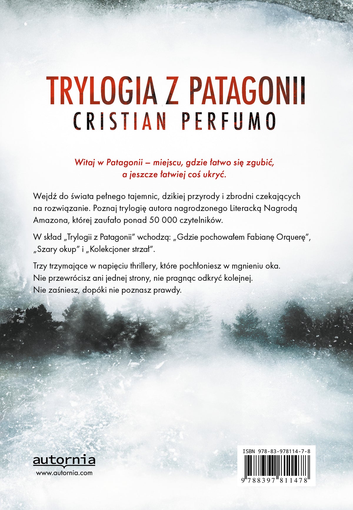 Tył okładki zbiorczego wydania „Trylogia z Patagonii” Cristiana Perfumo z opisem, kodem ISBN i informacjami wydawniczymi.