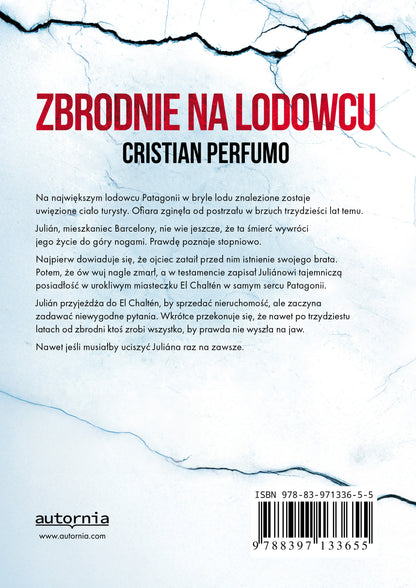 Tył okładki thrillera „Zbrodnie na lodowcu” Cristiana Perfumo z opisem książki, kodem ISBN i podstawowymi informacjami wydawniczymi.