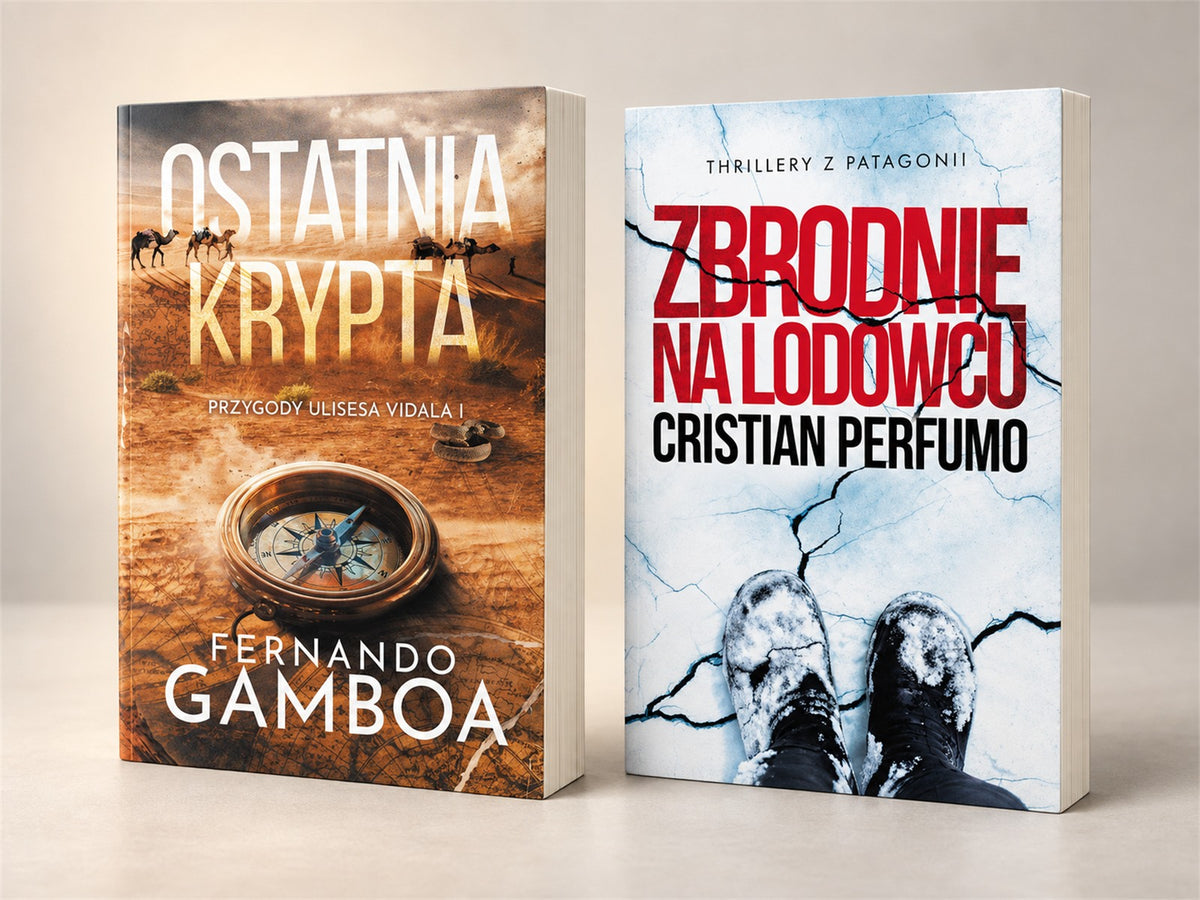 Okładki „Ostatniej krypty” Fernanda Gamboi i „Zbrodni na lodowcu” Cristiana Perfumo ustawione na piaskowym tle z mapą i kompasem.