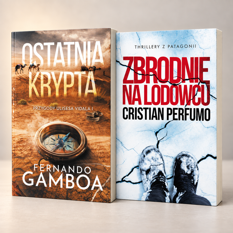 Okładki „Ostatniej krypty” Fernanda Gamboi i „Zbrodni na lodowcu” Cristiana Perfumo ustawione na piaskowym tle z mapą i kompasem.